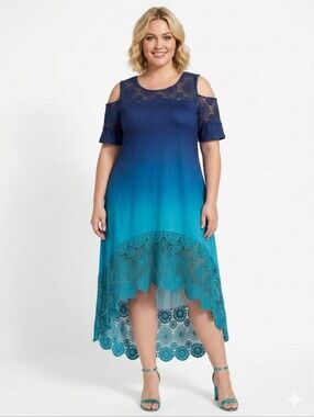 Plus Size Teal Blue Ombre Cold-Shoulder Lace High-Low Dress